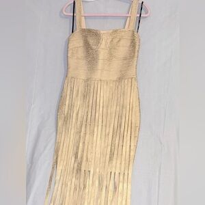 Bebe | Gold Metallic Fringe Detail Bandage Dress | Size Medium | Women’s Wear